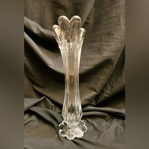 MCM EAPG Swung Clear Glass Vase 13.5" 8 Finger Hi-Lo Petal Flower Base No Chips